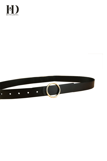 HongDing Black Minimalist Genuine Cowhide Leather Jeans Belts with Round Alloy Buckle for Women
