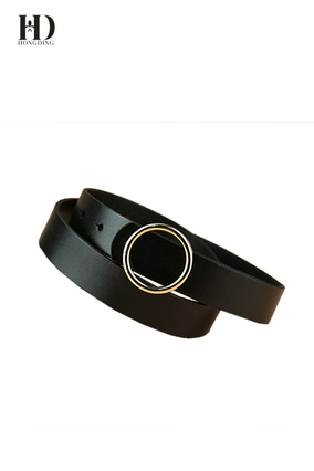 HongDing Black Minimalist Genuine Cowhide Leather Jeans Belts with Round Alloy Buckle for Women