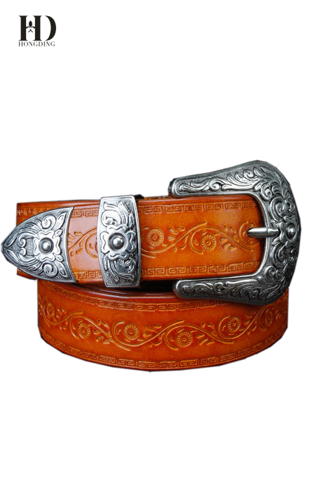 HongDing Yellow Genuine Leather Carved Belts with Pin Buckle Retro Three-Piece Belt for Women