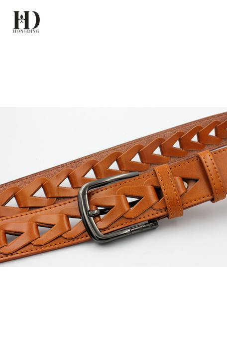 HongDing Light Brown Braided Hollow-Out PU Belts With Pin Buckle For Women and Men