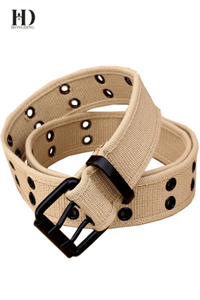 HongDing Khaki All-Match Braided Hollow-Out Webbing Belts with Double Pin Buckle for Men