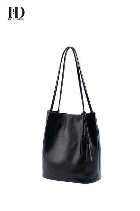HongDing Black Genuine Cowhide Leather Handbags with Manual Tassel for Women
