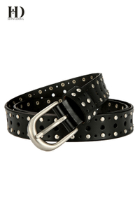 HongDing Black Cowhide Leather Hollow-out Rivet Belts with Alloy Buckle for Women