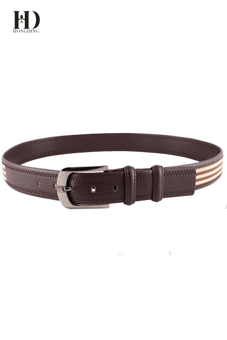HongDing Coffee Canvas Genuine Leather Splicing Belts with Pin Buckle Fashion Belt for Men